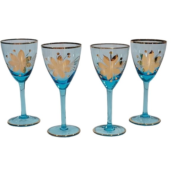 Other - Mid Century Italian Art Glass Wine Cordial Glasses 24K Gold Turquoise Aqua Blue